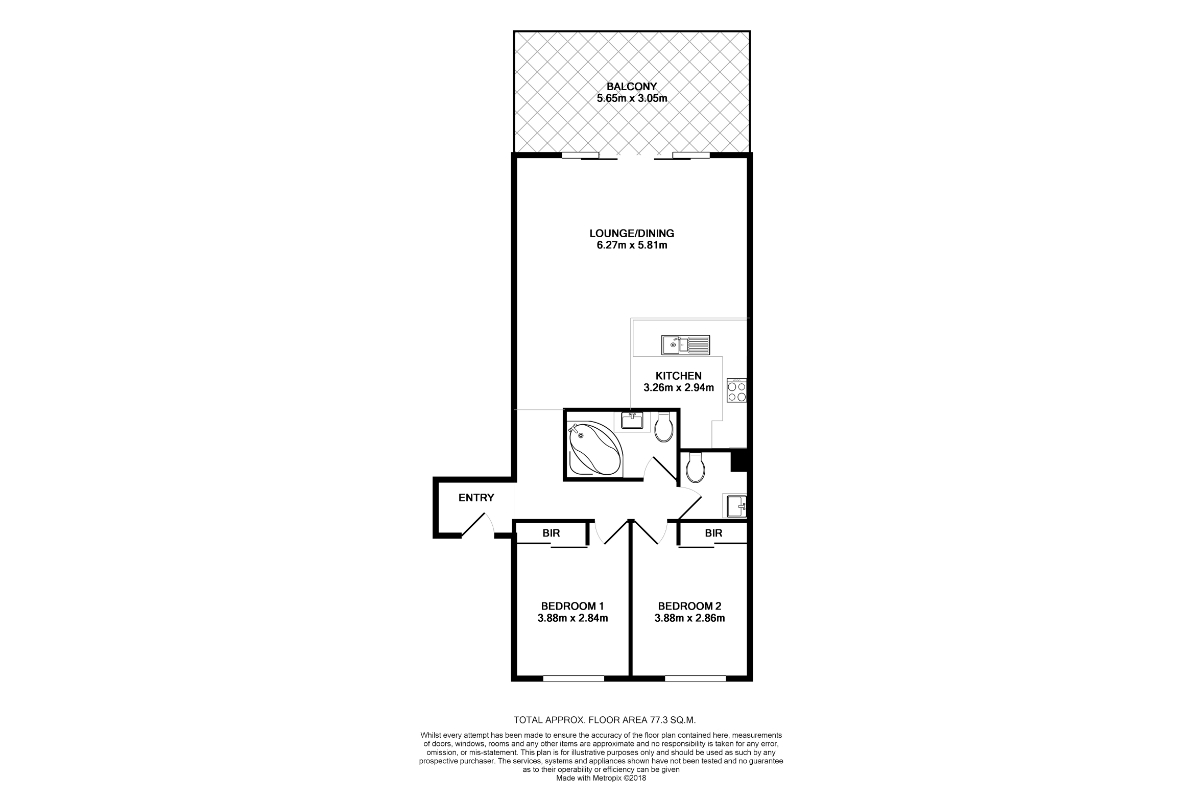 Two-bedroom apartment floor plan, showcasing spacious layout