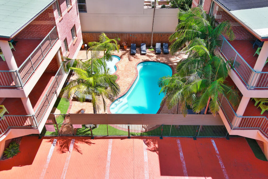 The relaxing pool area of our serviced apartment complex 